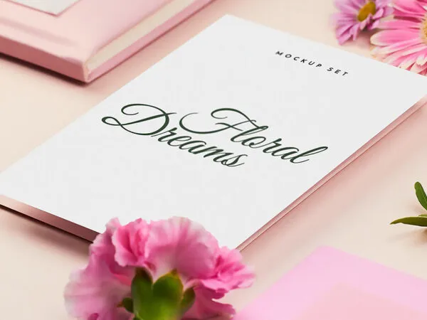 Five Mockups Featuring A4 Paper and Card in Floral Settings 1