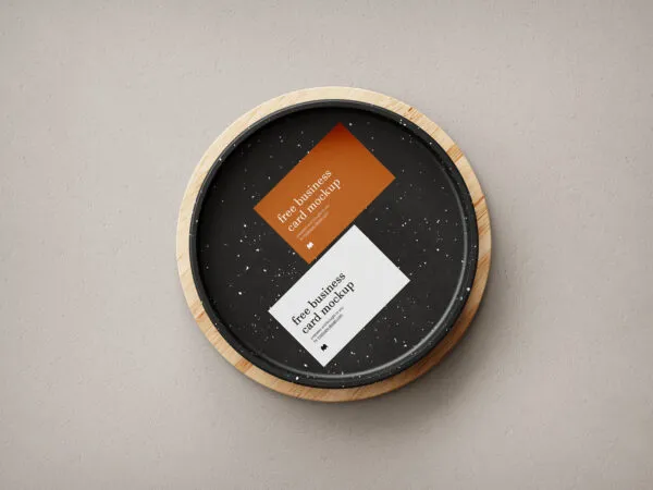Five Mockups Featuring Business Cards and Ceramic Pan on Wooden Circle 1