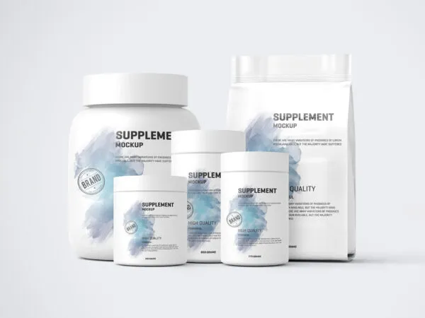 Five Mockups Showcasing Front View of Protein Pouch and Jars 1