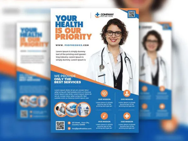 Flat Blue and Orange Health Care Flyer Template 1