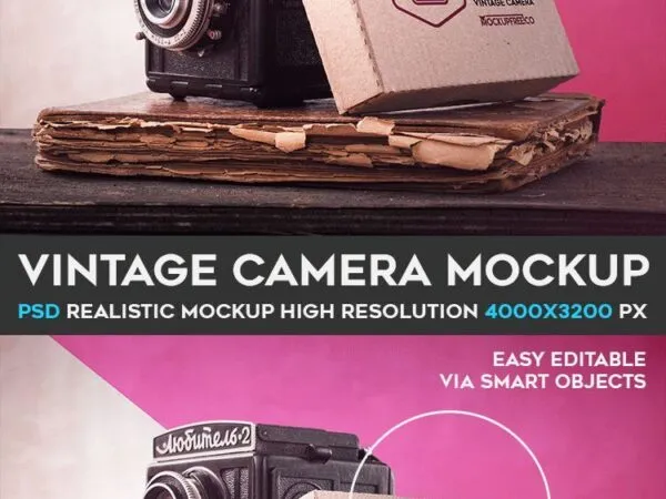 Flat Box Leaning onto Vintage Camera Mockup on Old Book 1