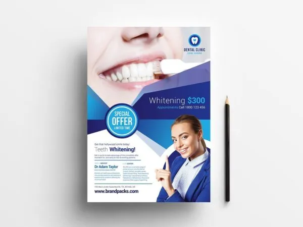 Flat Dental Clinic Poster Template Featuring Smiling Person in Blue Theme 1