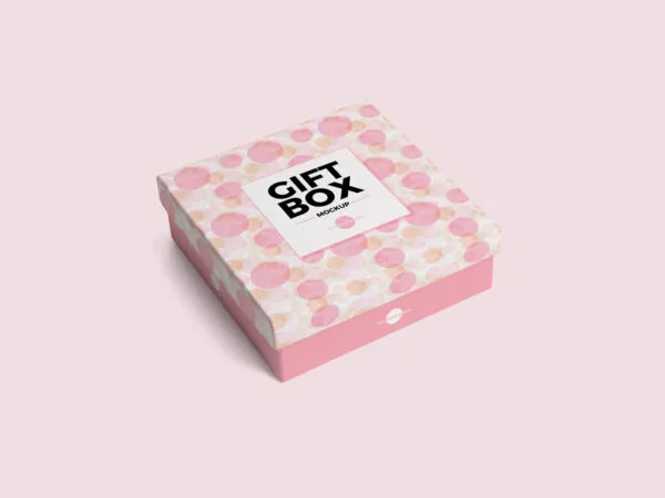 Flat Square shaped Gift Box laid on the Surface in Perspective Mockup 1
