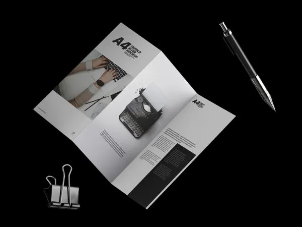 Floating A4 Trifold Brochure Mockup Featuring Binding Clip and a Pen 1