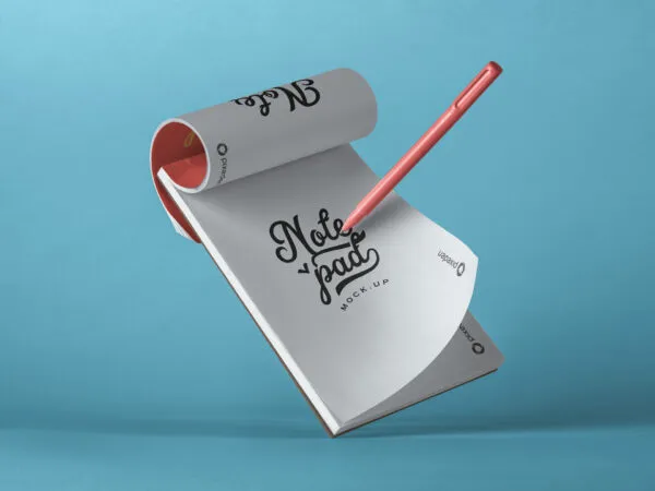 Floating Notepad Mockup Along with a Pen in Half Side View 1