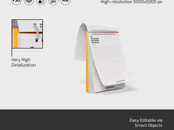 Floating Notepad Mockup in 3 Showcases 1