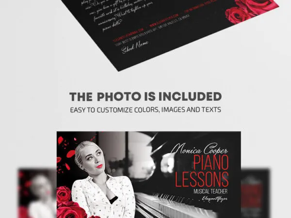 Floral Elegant Black Piano Lessons Flyer Template 1
