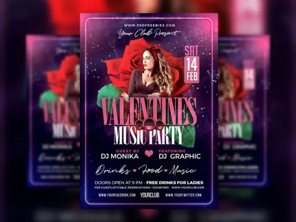 Floral Sparkly Valentines Day Music Party Flyer Template 1