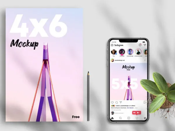 Flyer Next to Instagram Post on iPhone X Screen Mockup 1