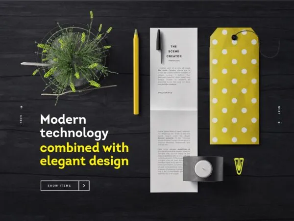 Folded Paper and Envelope Mockup in Top View with Plant 1