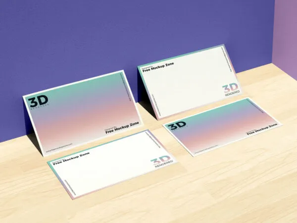 Four Business Cards in Corner on Wooden Floor Mockup 1