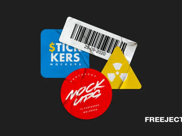 Four Glued Crumpled Stickers Mockups 1