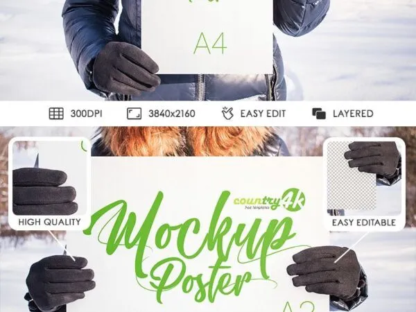 Four Mockups Featuring Girl Holding Poster in Snowy Background 1