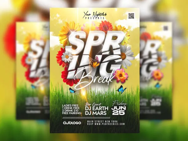 Fresh Floral Spring Break Party Flyer Template 1