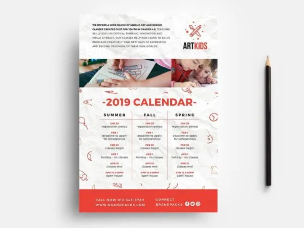 Friendly Kids Art School Flyer Template with a Calendar 1