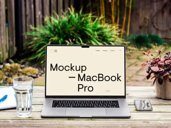 Front Shot of MacBook Pro Mockup on Wood Desk 1