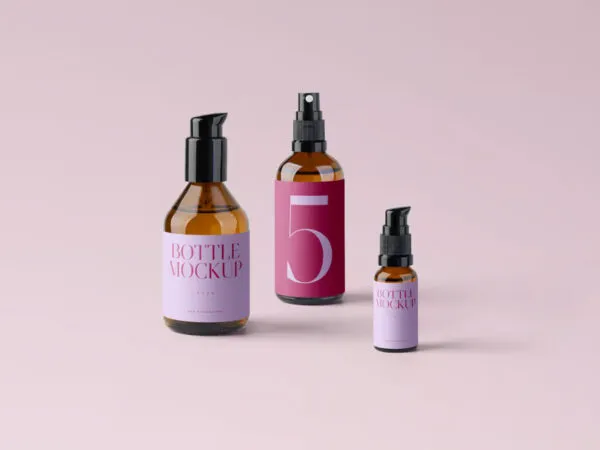 Front Sight of 3 Cosmetics Bottles Mockup 1