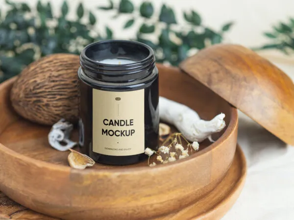 Front Sight of Candle Mockup in Wooden Bowl 1