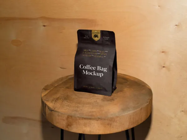 Front Sight of Paper Coffee Bag Mockup on Wooden Stool 1