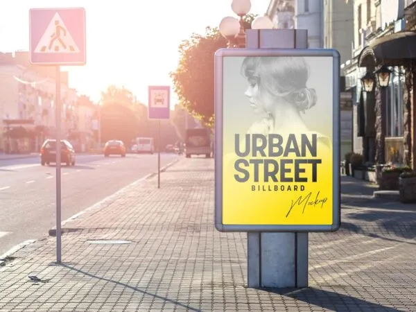 Front Sight of Urban Standing Street Billboard Mockup on Pavement 1