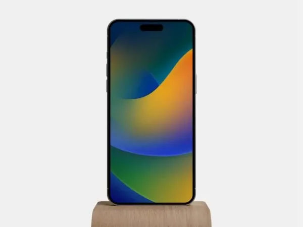 Front Sight of iPhone 14 Pro Max Mockup on Wood Stand 1