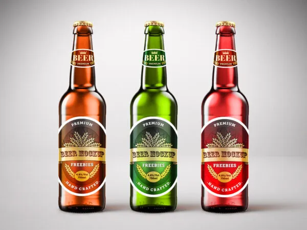 Front View 3 Beer Bottles Next to Each Other Mockup 1