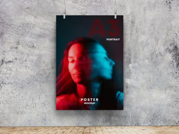 Front View A3 Poster Hung on Clips Against Wall Mockup 1