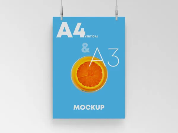 Front View A3 or A4 Poster Hanging on Wall Mockup 1