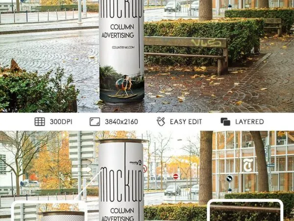 Front View Advertising Column on Pavement in Autumn Setting Mockup 1