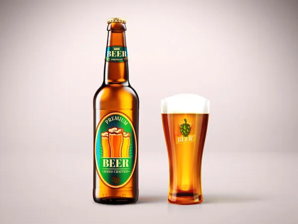Front View Beer Bottle Next to Glass Mockup 1