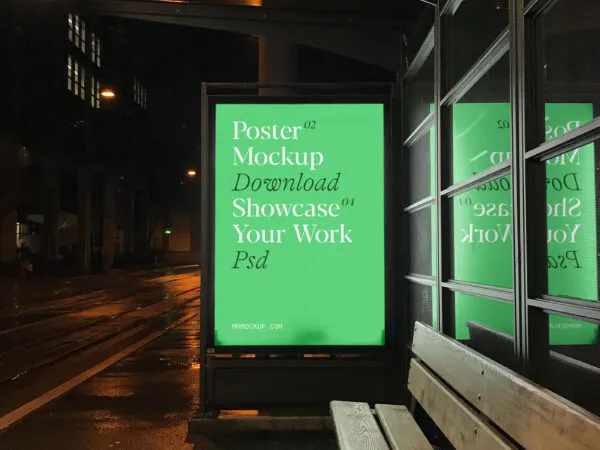 Front View Bus Stop Poster at Night Mockup 1