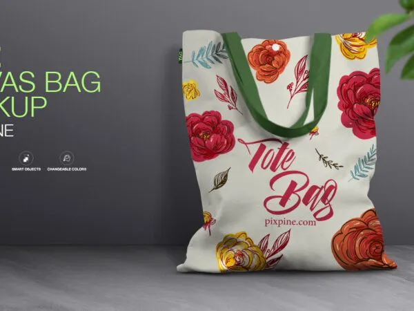 Front View Canvas Bag Leaning Against Wall Mockup with Leaves 1