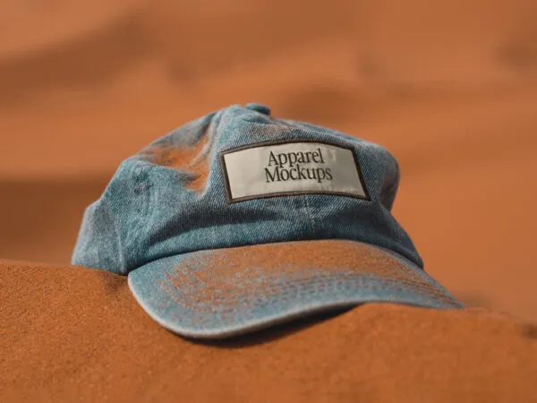 Front View Cap with Patch Mockup on Sand 1