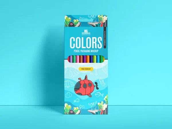 Front View Color Pencils Box Leaning Against the Wall Mockup 1