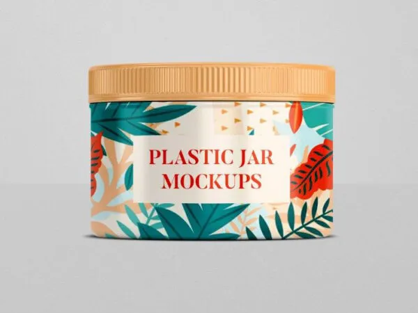 Front View Flat Cosmetic Plastic Jar Mockup in Simple Setting 1