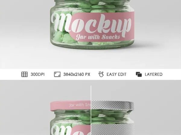 Front View Flat Glass Jar Filled with Snacks Mockup 1