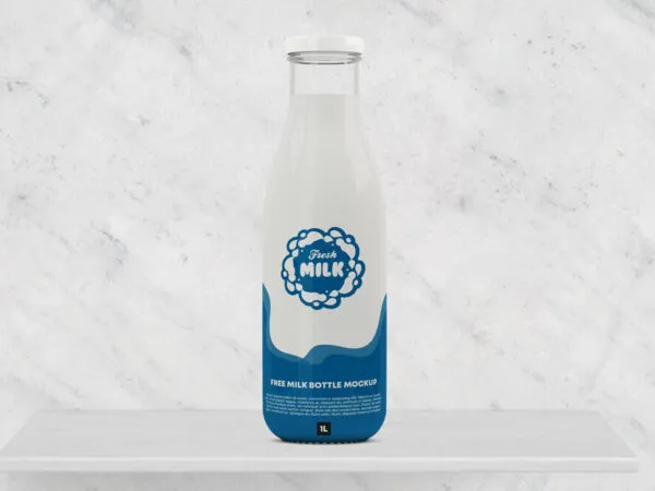Front View Glass Milk Bottle Standing on Table Mockup 1
