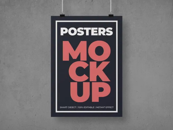Front View Hanging Poster Against Wall Mockup 1