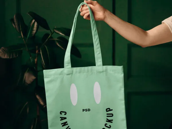 Front View Holding Up Canvas Bag in Leaving Room Mockup 1