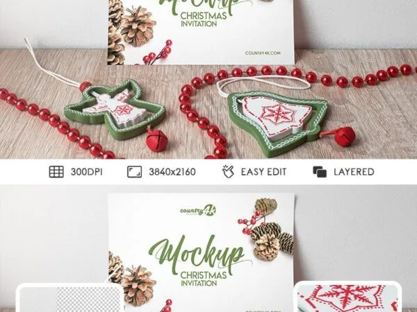 Front View Horizontal Invitation Greeting Card Mockup Featuring Christmas Tree Tassel Ornaments 1