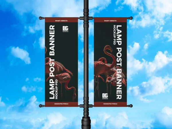 Front View Lamp Post Banner Mockup Against Sky 1