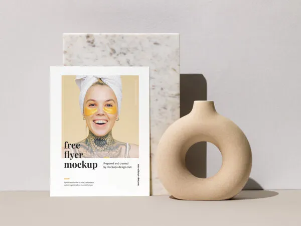 Front View Letter Flyer Leaning Against Marble Stone Mockup 1