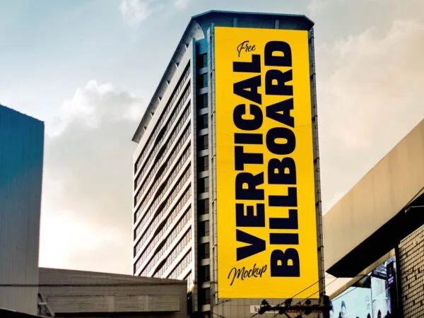 Front View Long Vertical Advertising Billboard on Building Mockup 1