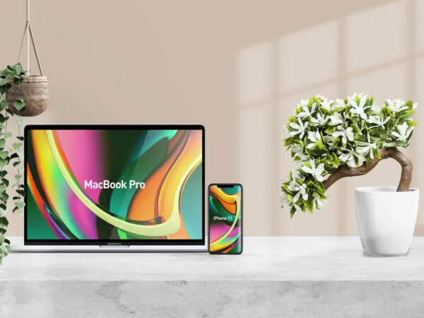 Front View MacBook Pro and iPhone 11 Mockup with Plants 1