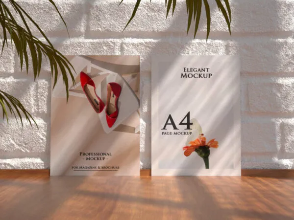 Front View Mockup of 2 A4 Flyers Standing Against Wall 1