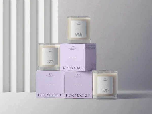 Front View Mockup of 3 Candle Glass Jars and Their Boxes 1