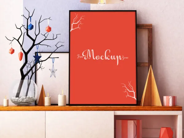 Front View Mockup of a Vertical Interior Photo Frame in Living Room 1