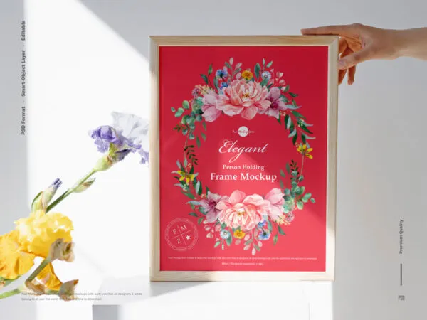 Front View Person Holding Wooden Frame with Flowers Mockup 1