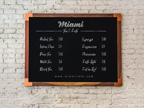 Front View Portrait Chalkboard Price Menu on Brick Wall Mockup 1