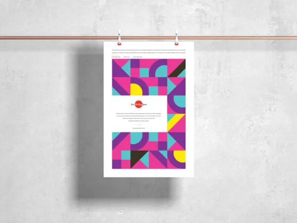 Front View Poster Hanging from Metal Bar Against Wall Mockup 1
